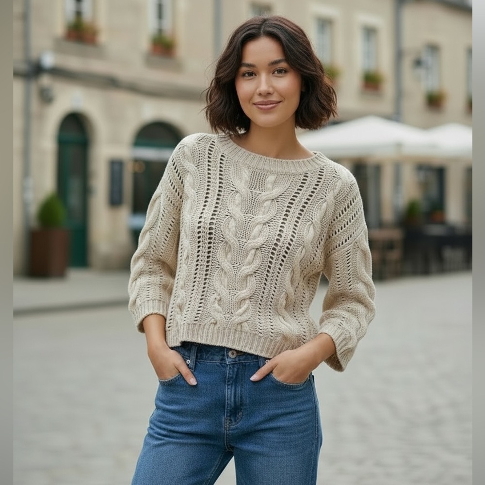 Lauren Conrad cream loose cable knit sweater with silk ribbon detail size Medium